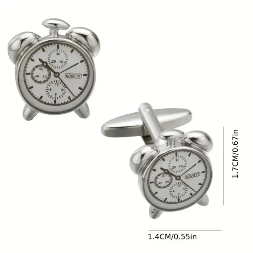 Vintage Alarm Clock Cufflinks Analog Twin Bell Silver Novelty Chronograph Formal